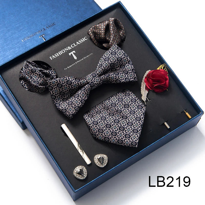 Top Grade Tie For Men Blue Paisley Tie Pocket Squares Cufflink Brooch Set Necktie Box Wedding Accessories Valentine's Day Gifts