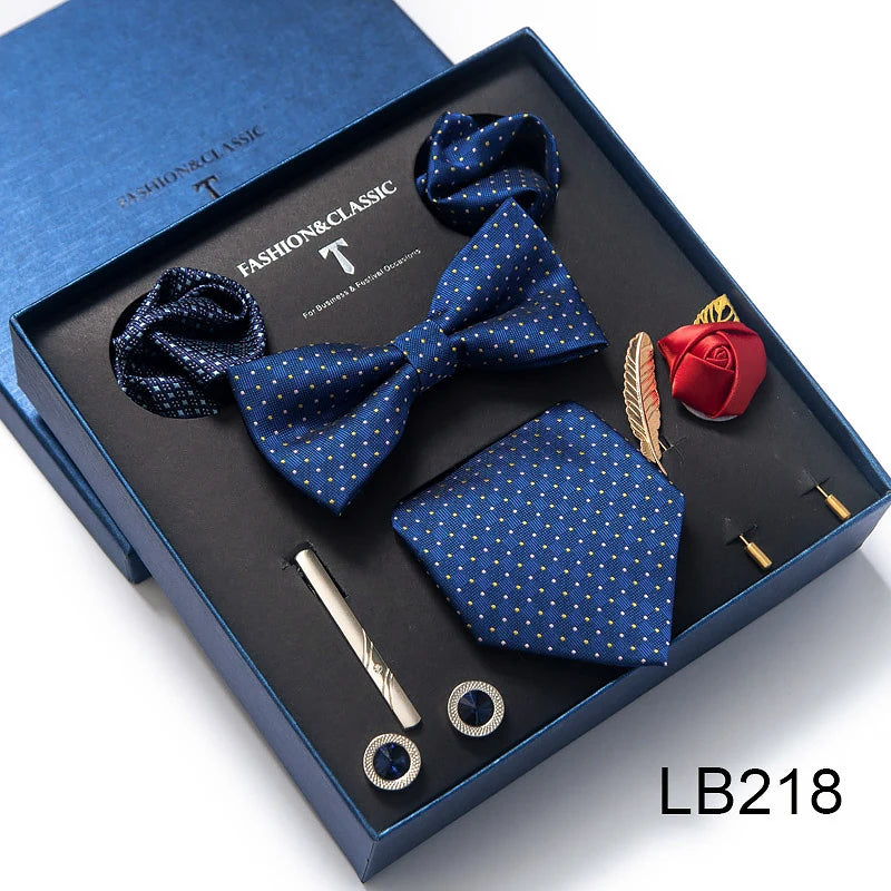 Top Grade Tie For Men Blue Paisley Tie Pocket Squares Cufflink Brooch Set Necktie Box Wedding Accessories Valentine's Day Gifts