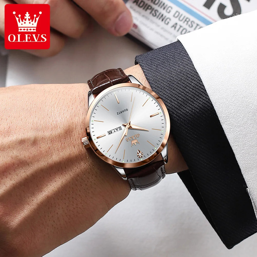 OLEVS Men’s Watch – Dual Calendar Luminous Quartz Waterproof Business Wristwatch