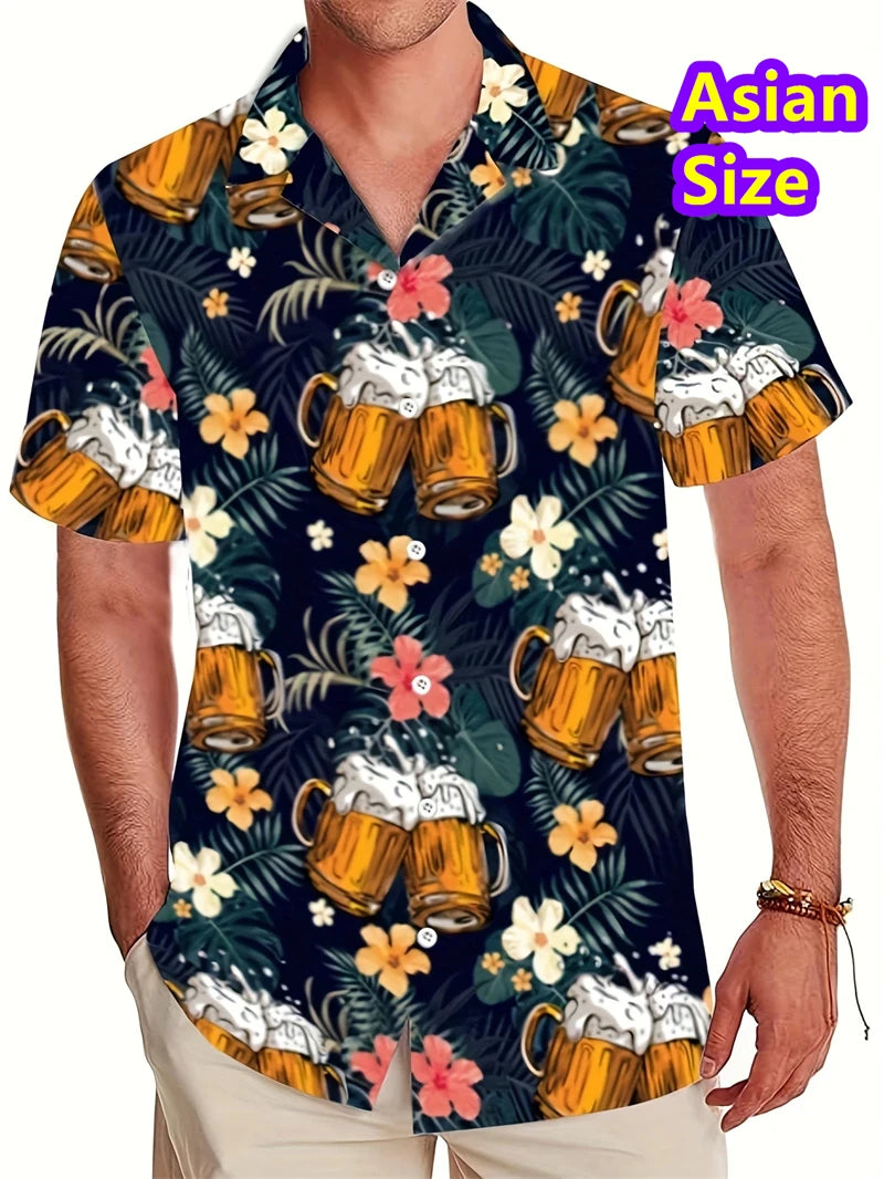 Hawaiian Shirt Man Streetwear Car Beer 3d Print Graphic Street Beach Men's Shirt Casual Short Sleeves Button-down Shirt Man Top