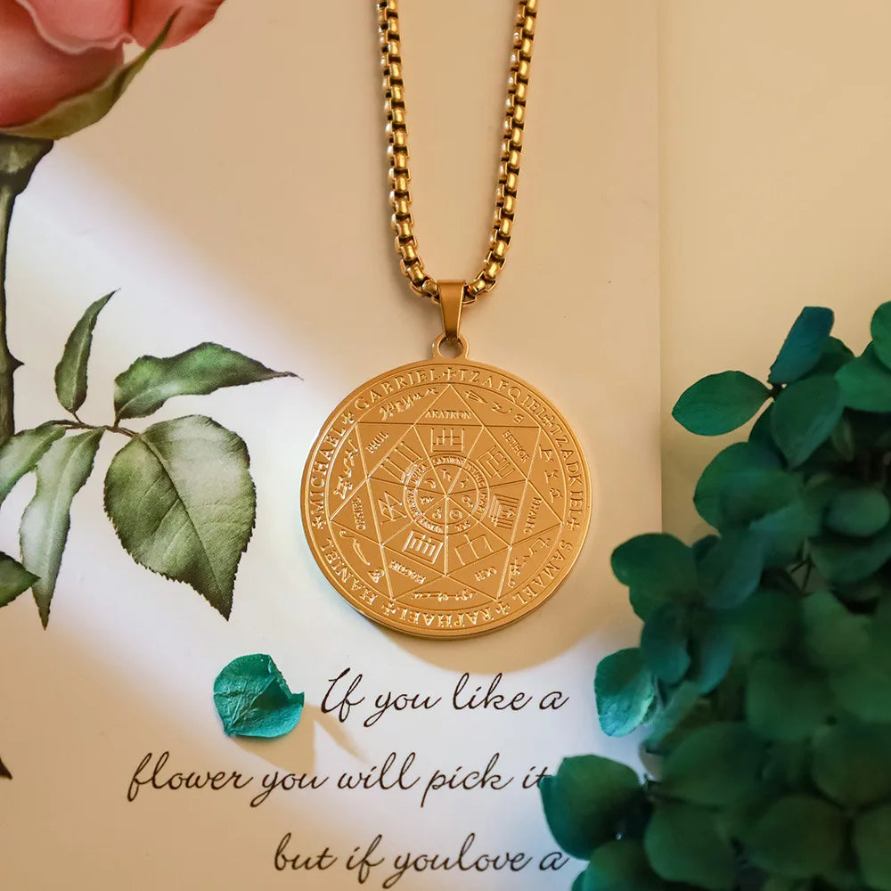 قلادات قلادة ختم الملائكة السبعة للرجال، تميمة حماية روحية من ختم سليمان، مجوهرات من الفولاذ المقاوم للصدأ