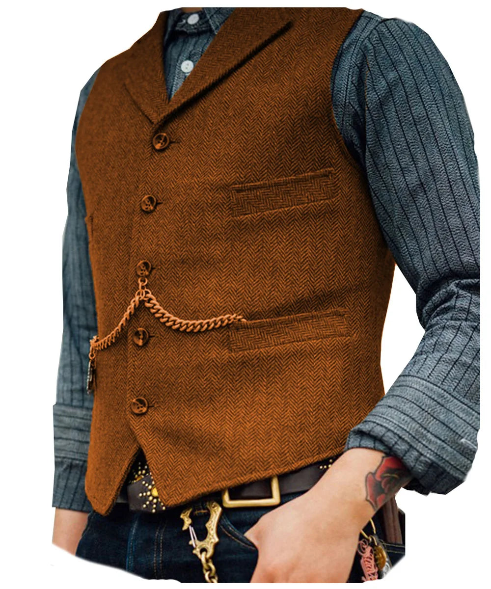 Business Waistcoat Jacket Casual Slim Fit Gilet Homme Vests for Groosmen Man Wedding Men's Suit Vest Brown Wedding Wool Tweed