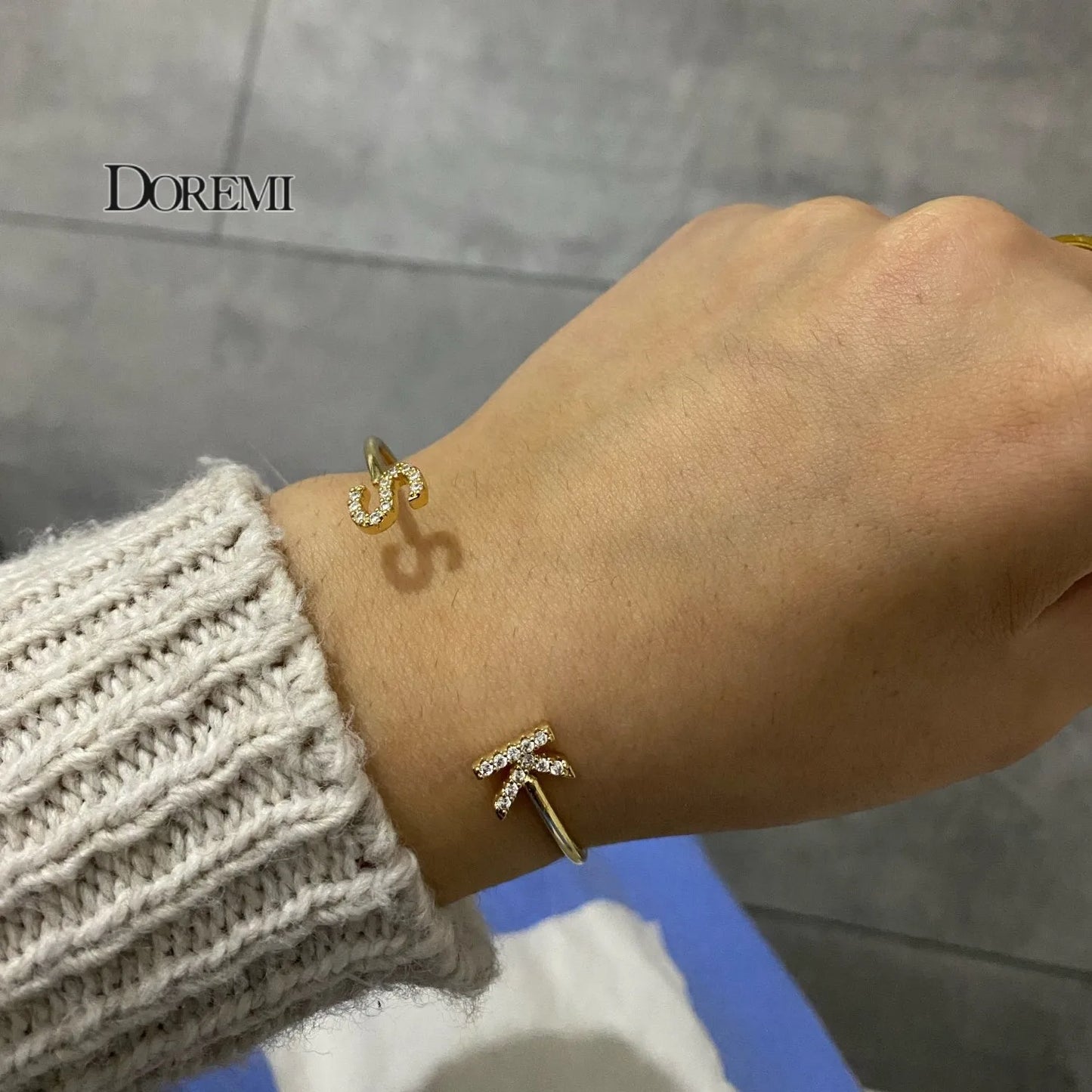 DOREMI Custom Letter Bracelet Baby bangle Zirconia Pave Setting Initial bracelet Child & Adult size for  Unique Cuff Jewelry