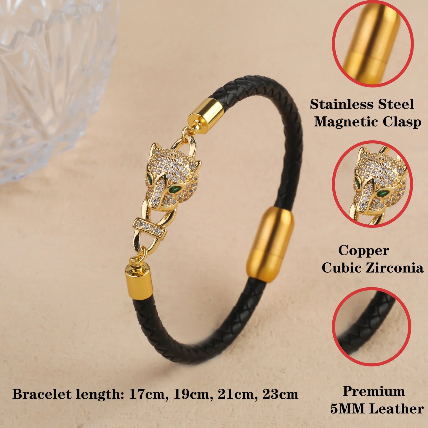 Bully Animal Style Leopard Head Braided Leather Rope Bracelet Fashion for Man Woman Stainless Steel Zirconia Jewelry Daily Wear