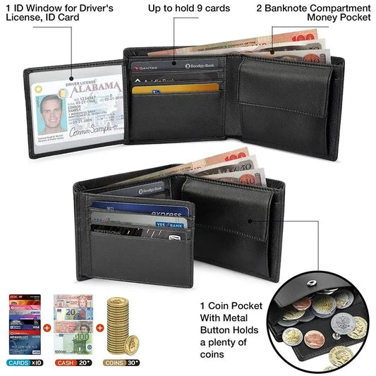 Men’s Slim Leather Wallet – RFID Blocking Bifold with Coin Pocket & 10 Card Slots – Everyday Minimalist Use