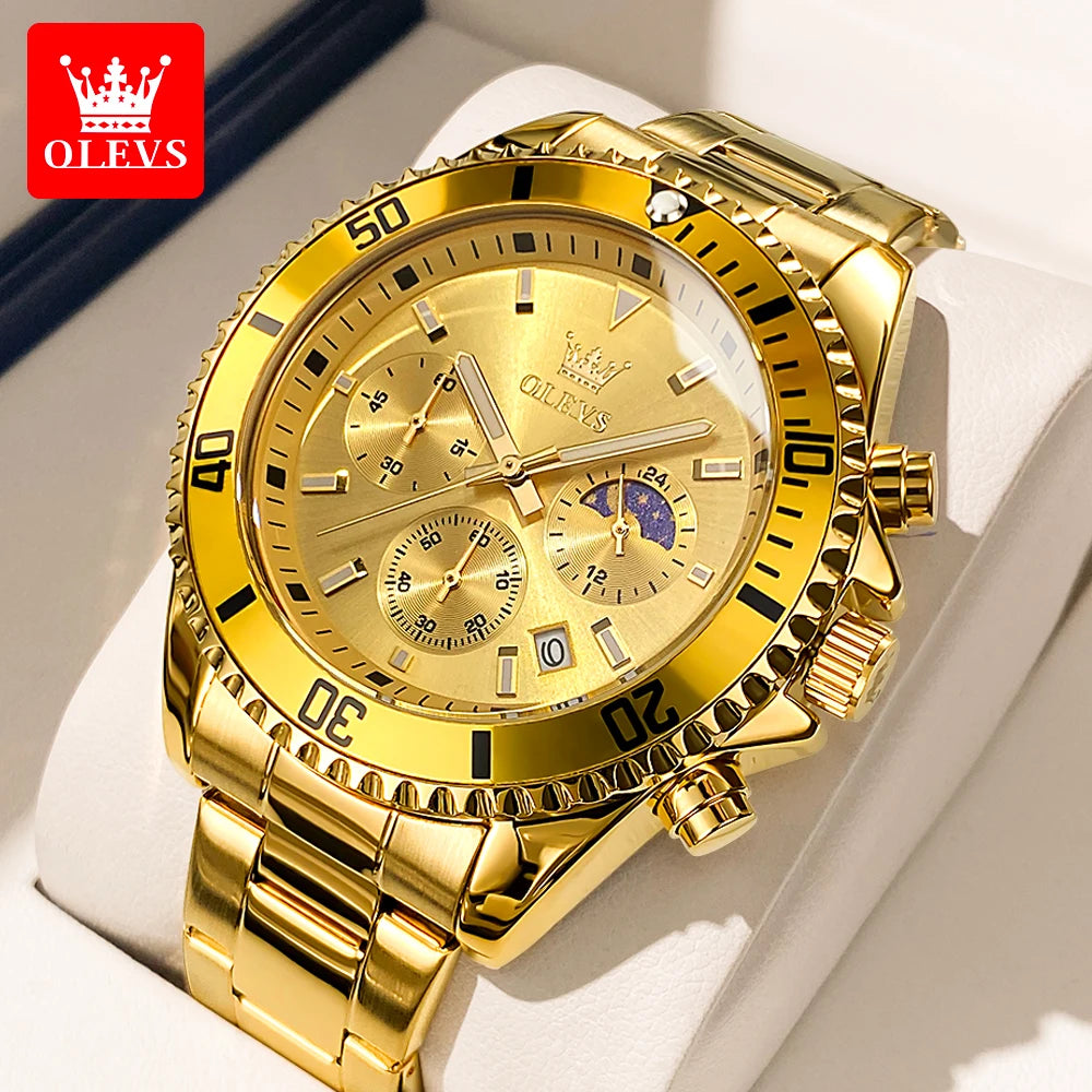ساعة OLEVS 2870 كرونوغراف كوارتز رجال الأعمال ساعة عصرية مقاومة للماء بمرحلة القمر للرجال ساعة يد أصلية من الفولاذ المقاوم للصدأ