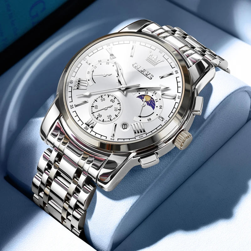 OLEVS Men’s Watch – Moon Phase Chronograph Waterproof Quartz Business Watch