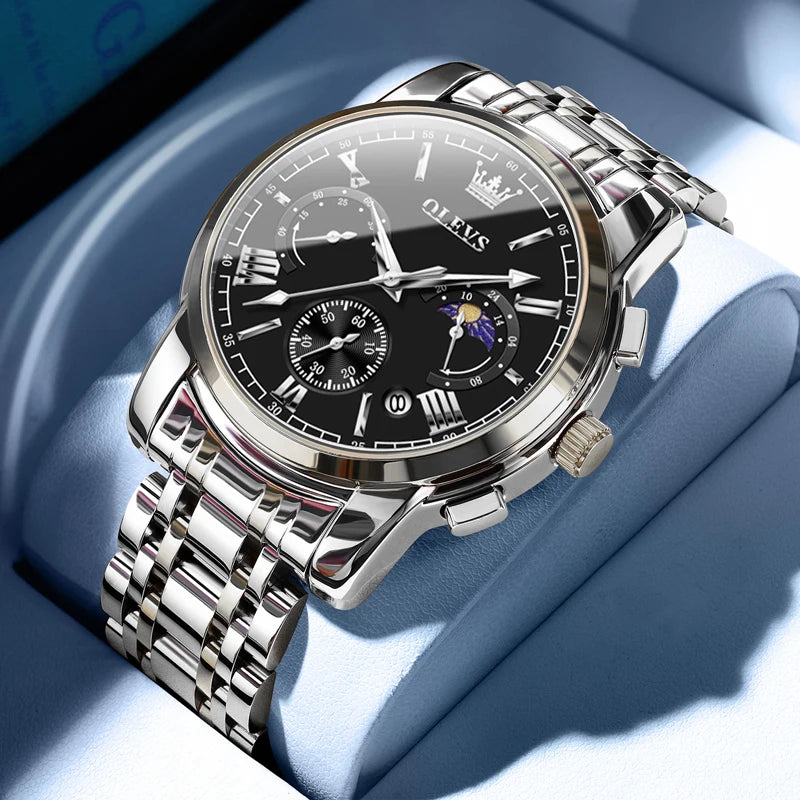OLEVS Men’s Watch – Moon Phase Chronograph Waterproof Quartz Business Watch