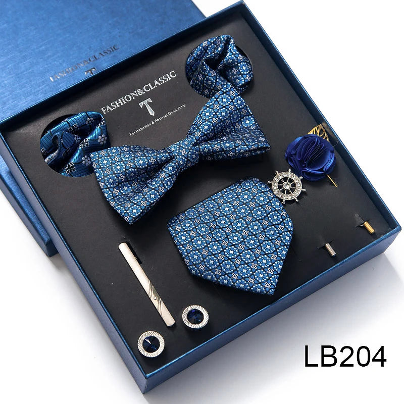 Top Grade Tie For Men Blue Paisley Tie Pocket Squares Cufflink Brooch Set Necktie Box Wedding Accessories Valentine's Day Gifts