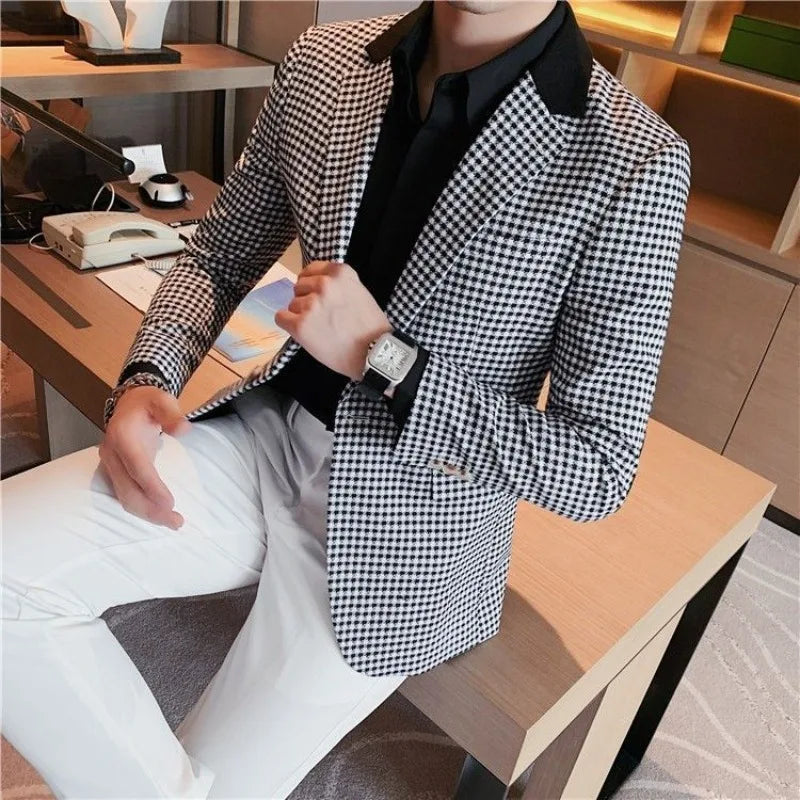 Men’s Plaid Blazer – Korean Style Loose Fit Suit Jacket for Business