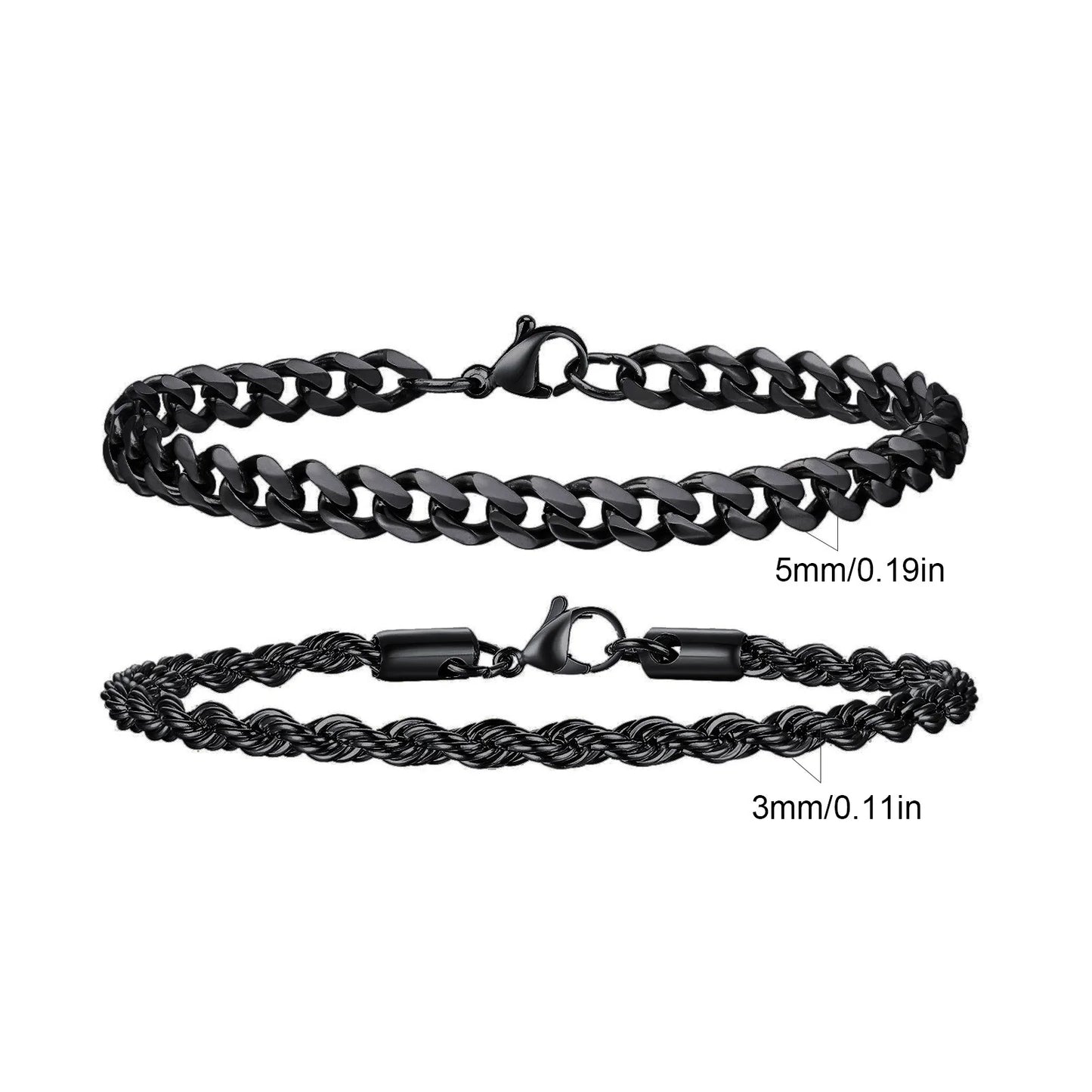 2pcs Men's Chain Bracelets,Silver Gold Black Color Stainless Steel Twisted Rope Chain,Trendy Cuban Link Chain Wristband Gift