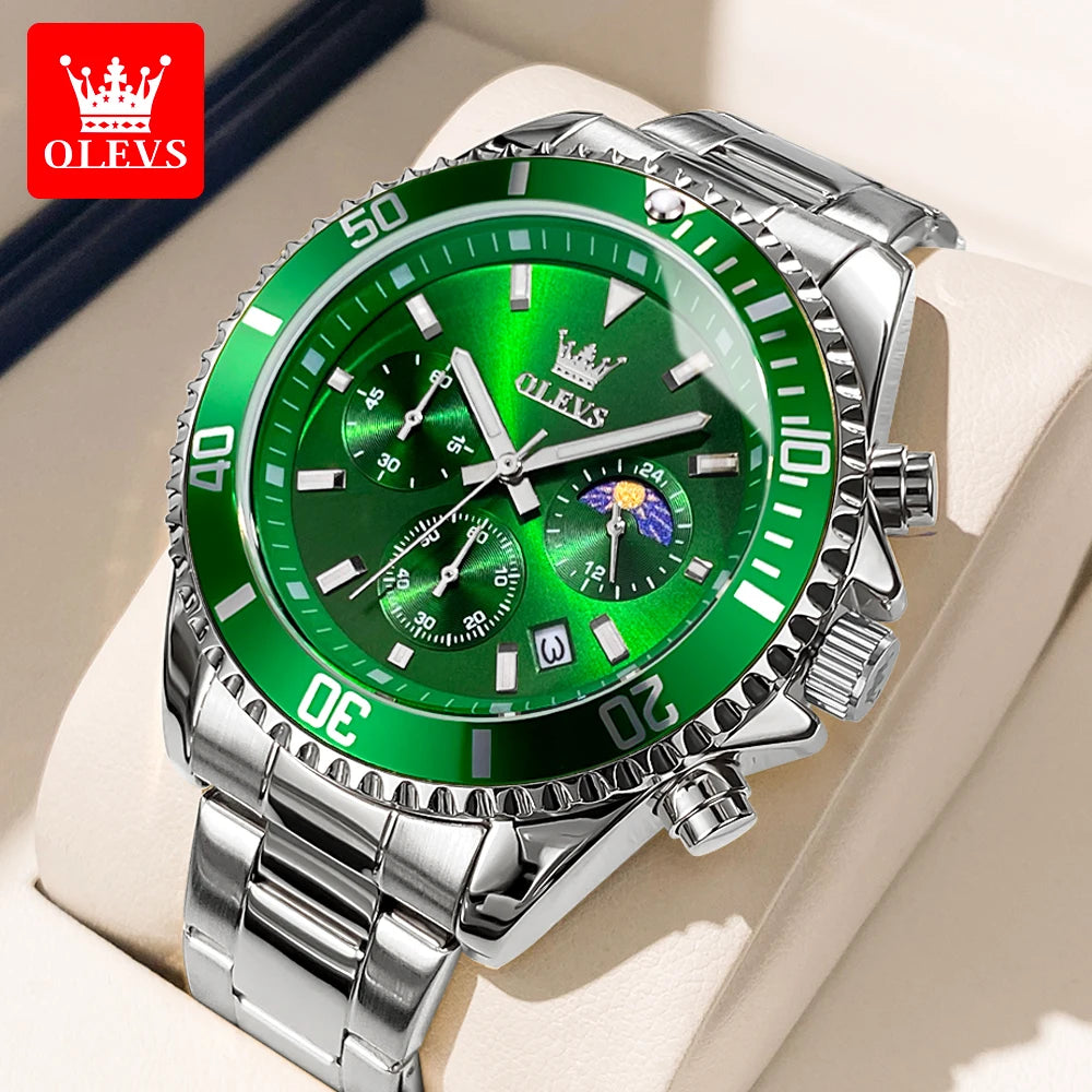 ساعة OLEVS 2870 كرونوغراف كوارتز رجال الأعمال ساعة عصرية مقاومة للماء بمرحلة القمر للرجال ساعة يد أصلية من الفولاذ المقاوم للصدأ