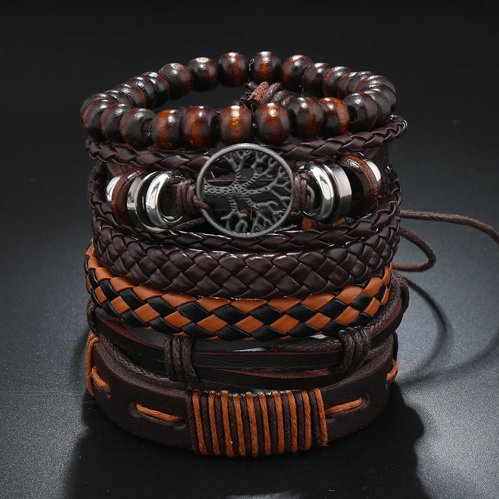 Punk Casual Bead6 Pc/set Tree Black Khaki Handmade Men Bracelets Male Women Leather Bracelets Men Bangle Wholesale Jewelry Gift
