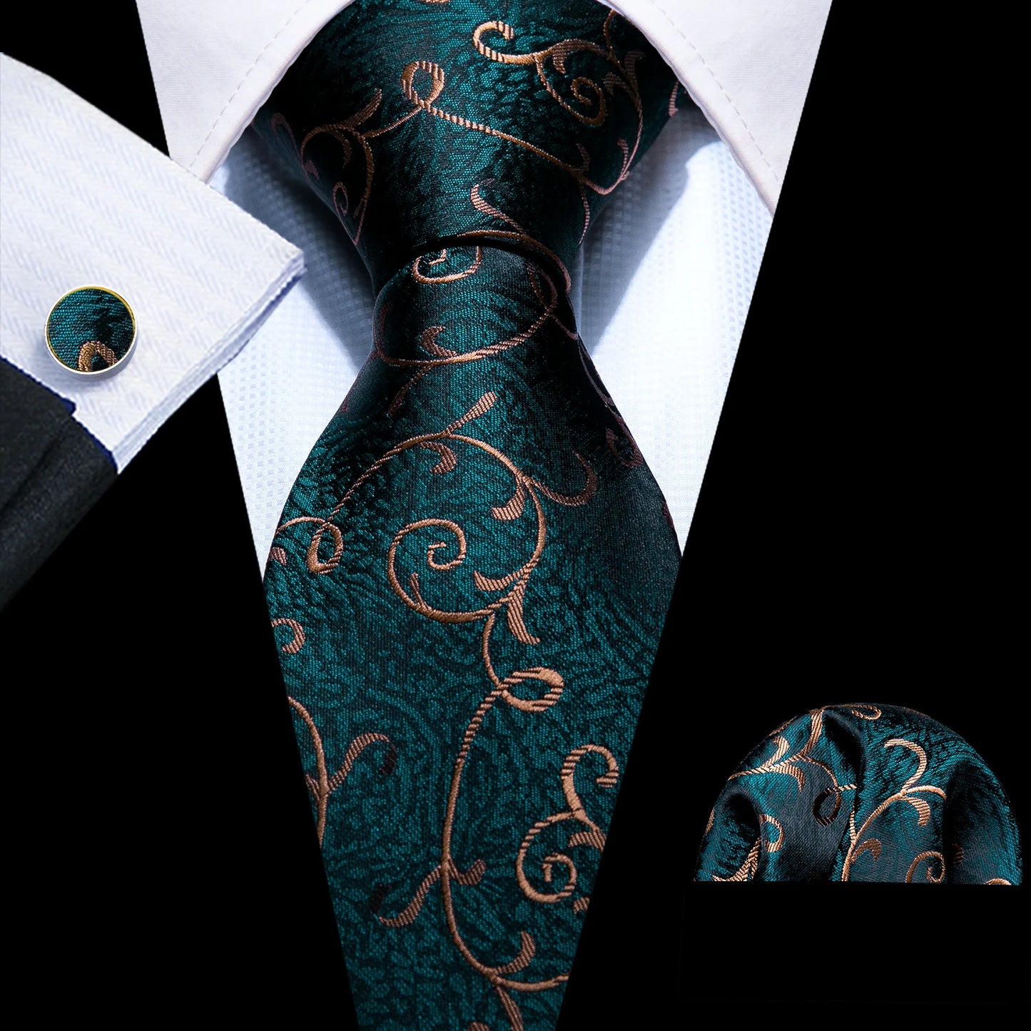 Fashion Silk Men Tie Green Teal Blue Solid Paisley Striped Plaid Floral Animal Necktie Handkerchief Cufflinks Set Barry. Wang