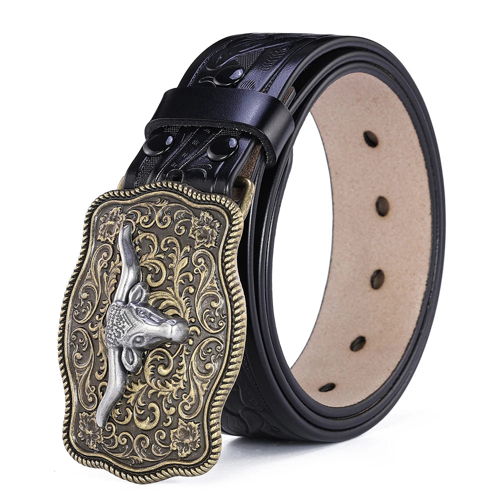 Big Bull Buckle Western Belt for Men High Quality Cowboy Faux Leather Waist Male Belts Floral Engraved Jeans Street Punk 3.8cm