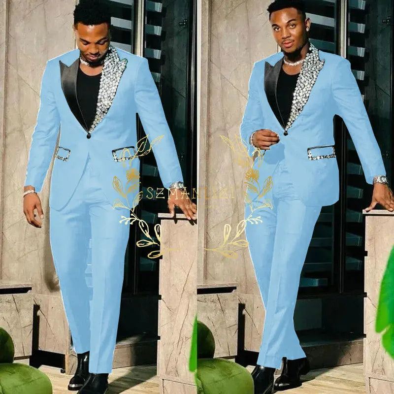 Black Suits for Men Slim Fit Single Breasted Peak Lapel Blazer High Quality Crystal Prom Party 2 Piece Jacket Pants Sets Terno