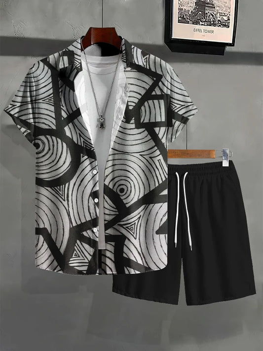 Vintage Urban Street Fashion Men's Shirt 2pcs Set Outdoor Party Men Beach Shorts Everyday Casual Man Short-sleeved Shirt