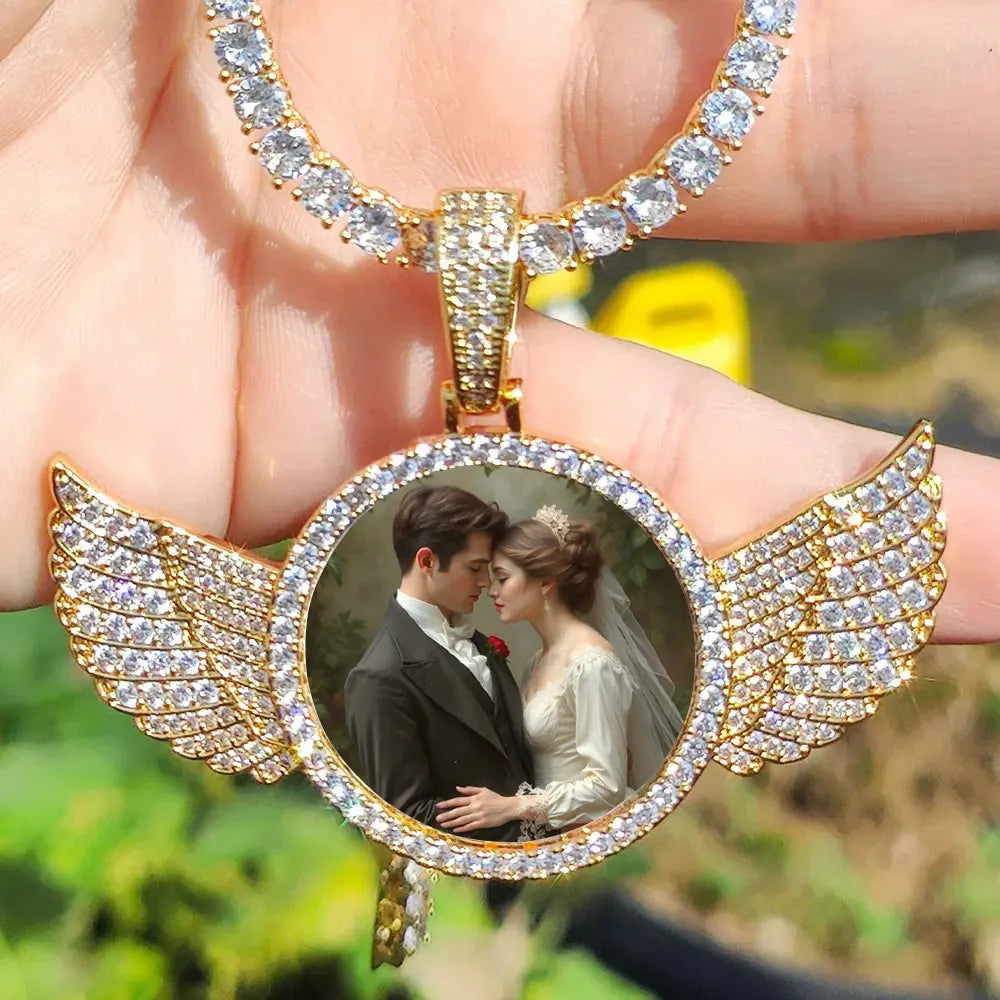 Custom Angel Wing Round Memory Photo Necklace Men Women Personalized Jewelry Customized Picture Pendant Charm with Tennis Chain