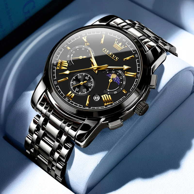 OLEVS Men’s Watch – Moon Phase Chronograph Waterproof Quartz Business Watch