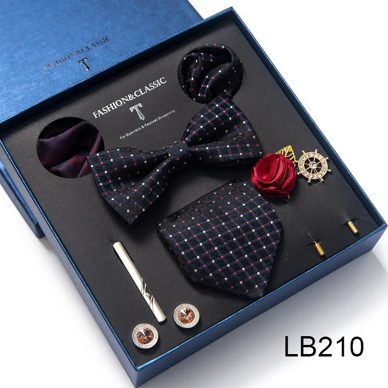 Top Grade Tie For Men Blue Paisley Tie Pocket Squares Cufflink Brooch Set Necktie Box Wedding Accessories Valentine's Day Gifts