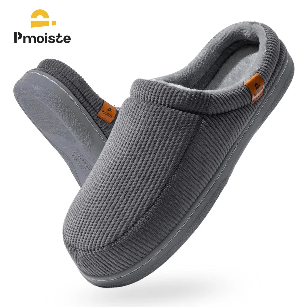 Pmoiste Stripe Corduroy House Shoes Men Warm Soft TPR Cushion Memory Foam Home Slippers Slip On Winter Indoor High-quality