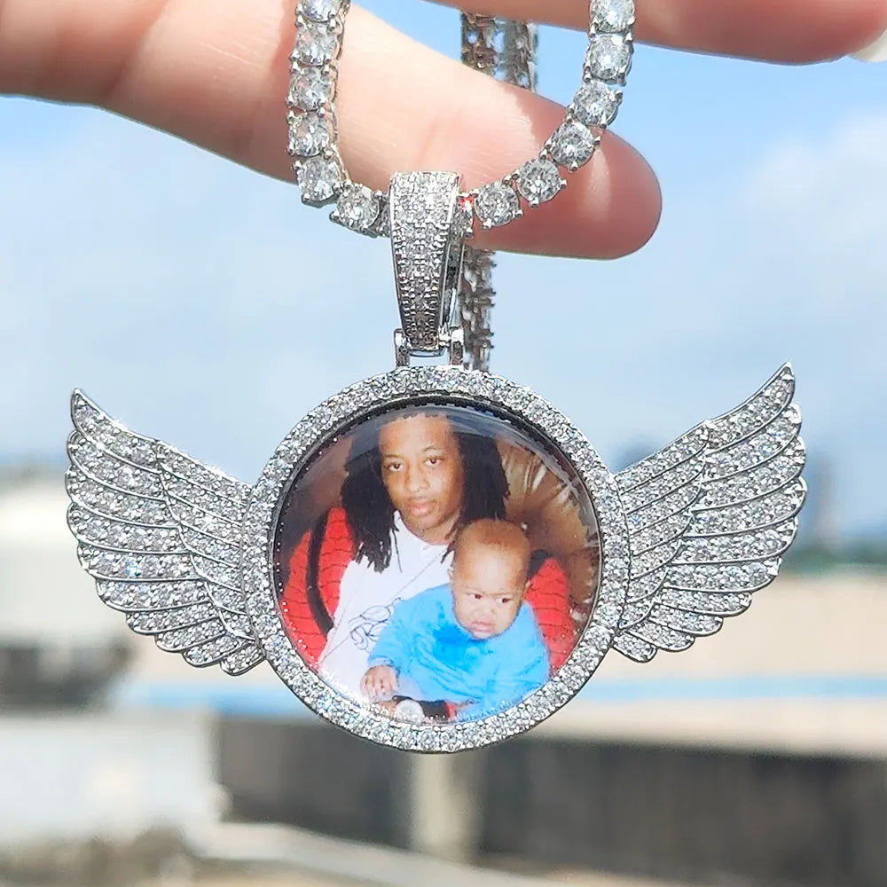 Custom Angel Wing Round Memory Photo Necklace Men Women Personalized Jewelry Customized Picture Pendant Charm with Tennis Chain