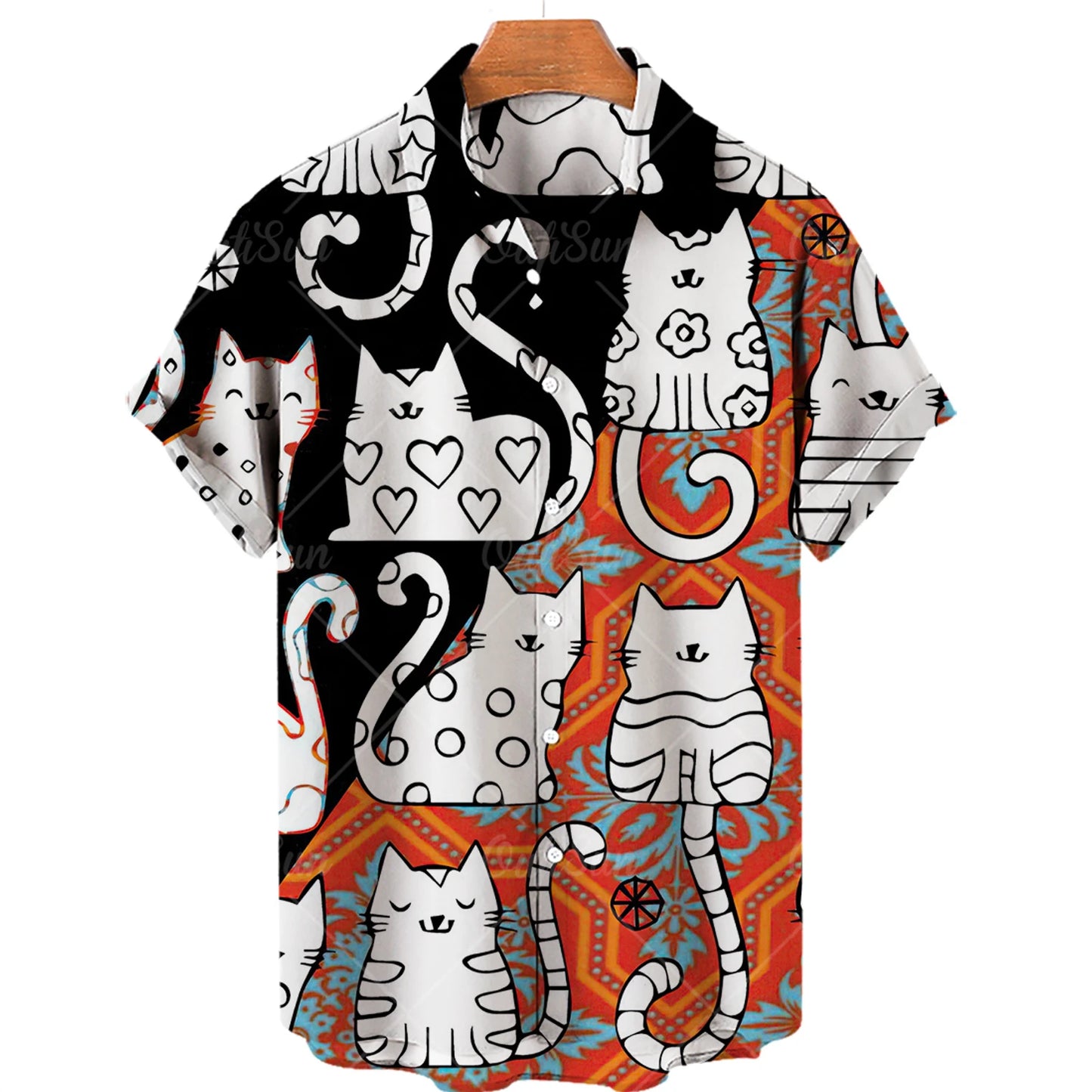 Hawaiian Summer Man Plus Size Shirt Floral 3d Lapel Casual Short Sleeve Anime Cartoon Clothes Street Retro Cat Sale Manga Curta