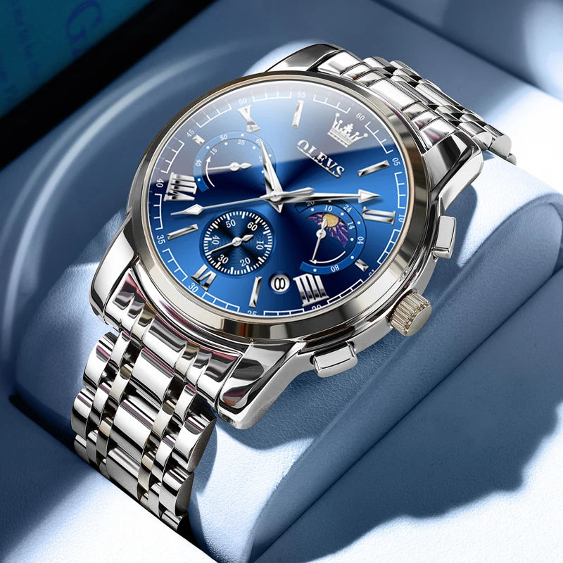 OLEVS Men’s Watch – Moon Phase Chronograph Waterproof Quartz Business Watch