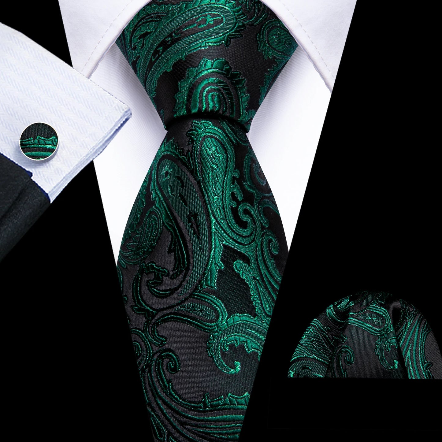 Fashion Silk Men Tie Green Teal Blue Solid Paisley Striped Plaid Floral Animal Necktie Handkerchief Cufflinks Set Barry. Wang