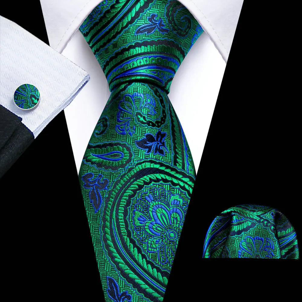 Fashion Silk Men Tie Green Teal Blue Solid Paisley Striped Plaid Floral Animal Necktie Handkerchief Cufflinks Set Barry. Wang