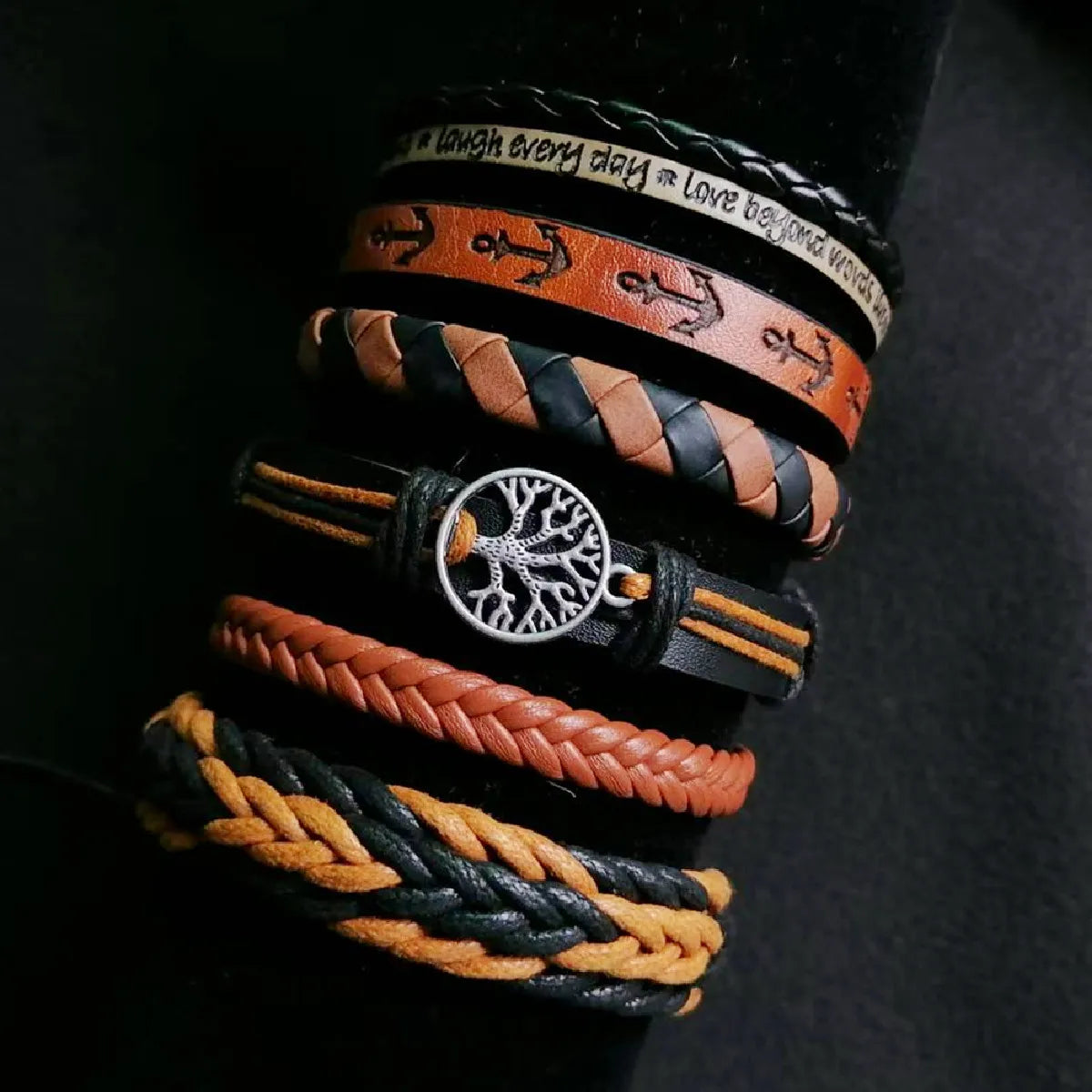 Punk Casual Bead6 Pc/set Tree Black Khaki Handmade Men Bracelets Male Women Leather Bracelets Men Bangle Wholesale Jewelry Gift