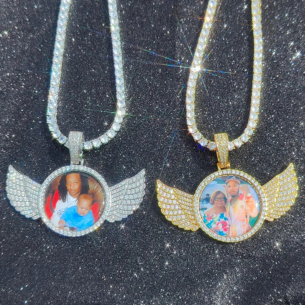 Custom Angel Wing Round Memory Photo Necklace Men Women Personalized Jewelry Customized Picture Pendant Charm with Tennis Chain