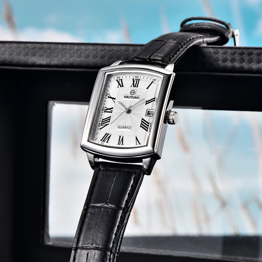 Men’s Leather Quartz Watch – Square Waterproof Sports Wristwatch with Calendar