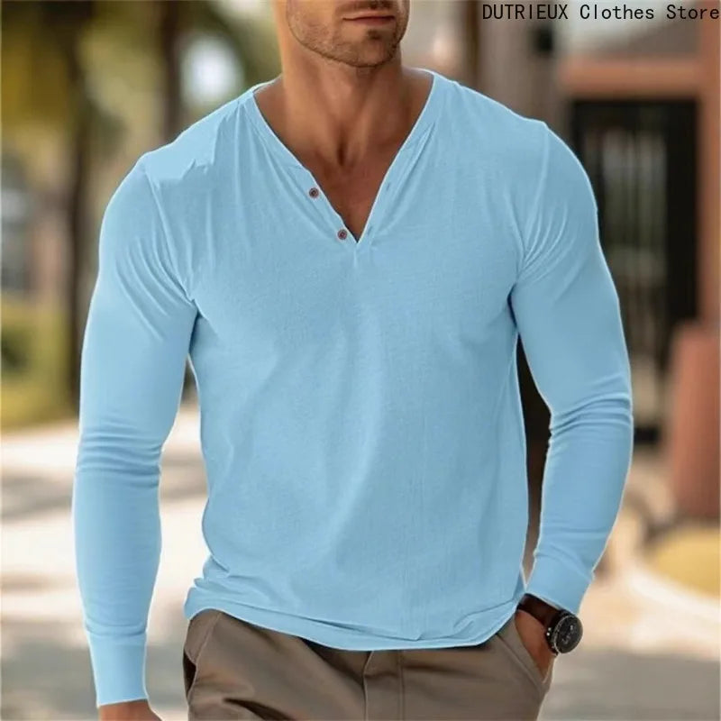 Fall Men's Long-sleeved T-shirt Simple and Fashionable Plain-color V-neck Pullover Oversized Loose and Soft Comfortable Shirts