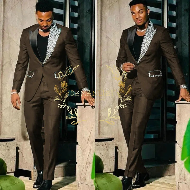 Black Suits for Men Slim Fit Single Breasted Peak Lapel Blazer High Quality Crystal Prom Party 2 Piece Jacket Pants Sets Terno