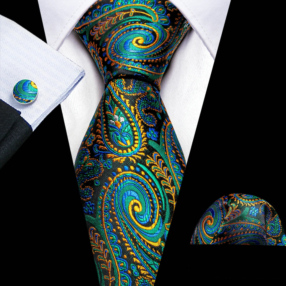 Fashion Silk Men Tie Green Teal Blue Solid Paisley Striped Plaid Floral Animal Necktie Handkerchief Cufflinks Set Barry. Wang