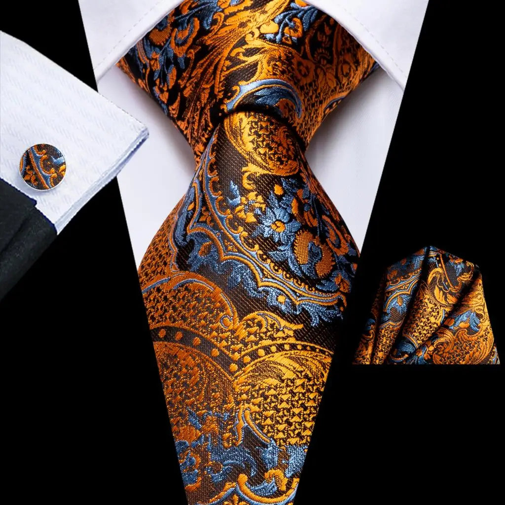 Hi-Tie 100% Silk Luxury Mens Ties Floral Black Gold Ties Paisley NeckTie Pocket Square Cufflinks Set Men's Wedding Party Tie