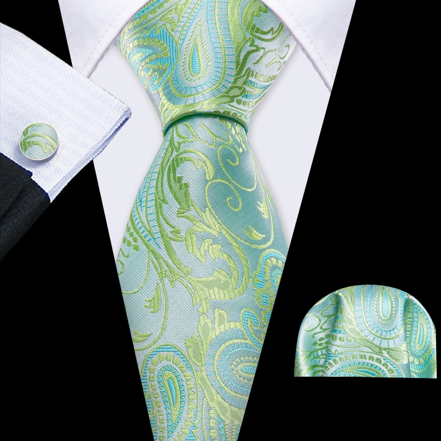 Fashion Silk Men Tie Green Teal Blue Solid Paisley Striped Plaid Floral Animal Necktie Handkerchief Cufflinks Set Barry. Wang