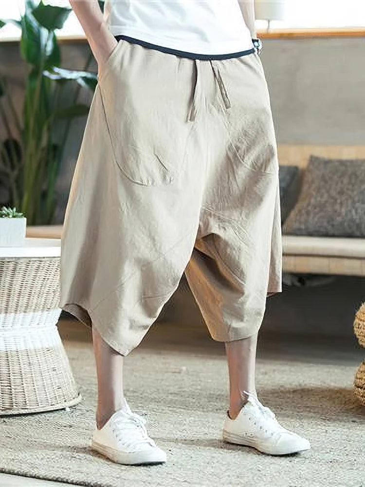 Summer Thin Beach Cotton Linen Casual Shorts Men Japenese Wide Leg Baggy Capris Pants Male Sport Running Shorts 2025 New