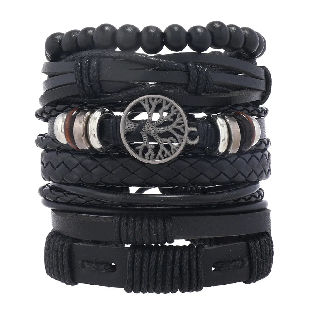 Punk Casual Bead6 Pc/set Tree Black Khaki Handmade Men Bracelets Male Women Leather Bracelets Men Bangle Wholesale Jewelry Gift