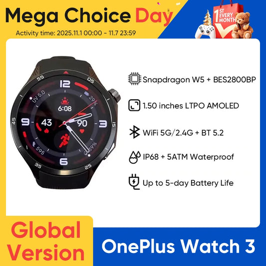 OnePlus Watch 3 – AMOLED Smart Watch with Snapdragon W5 & Dual GPS