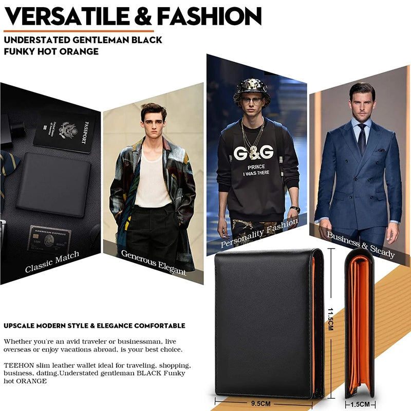 Men’s Slim Leather Wallet – RFID Blocking Bifold with Coin Pocket & 10 Card Slots – Everyday Minimalist Use