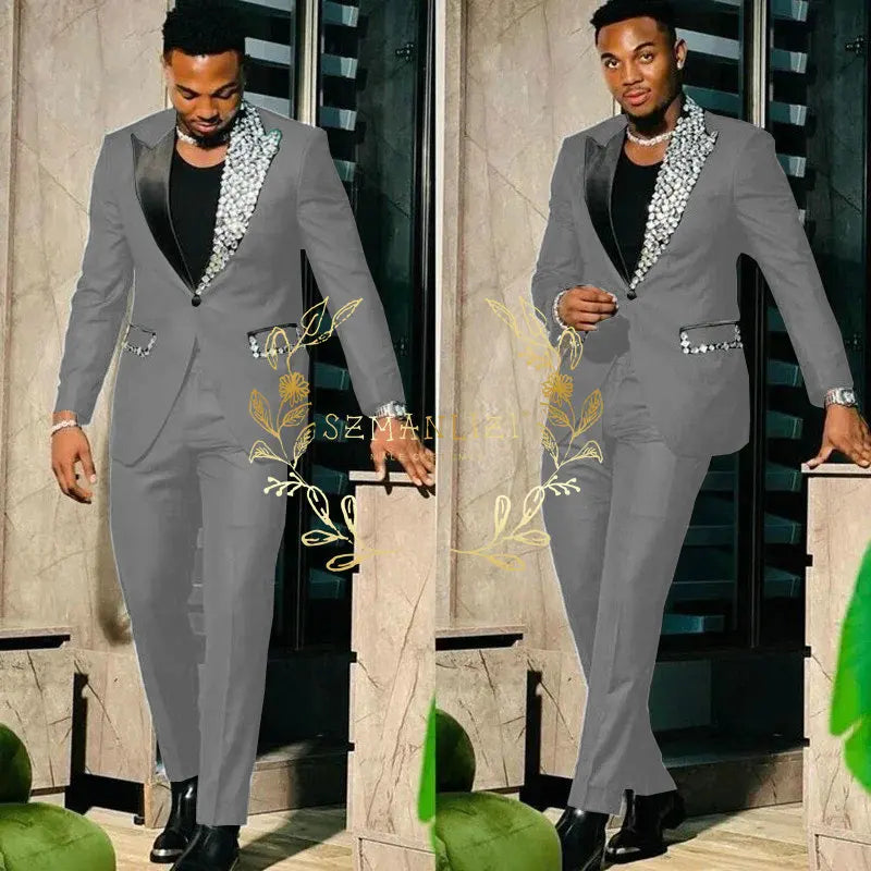 Black Suits for Men Slim Fit Single Breasted Peak Lapel Blazer High Quality Crystal Prom Party 2 Piece Jacket Pants Sets Terno