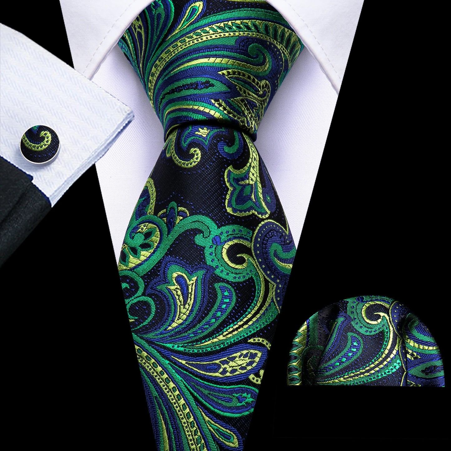 Fashion Silk Men Tie Green Teal Blue Solid Paisley Striped Plaid Floral Animal Necktie Handkerchief Cufflinks Set Barry. Wang