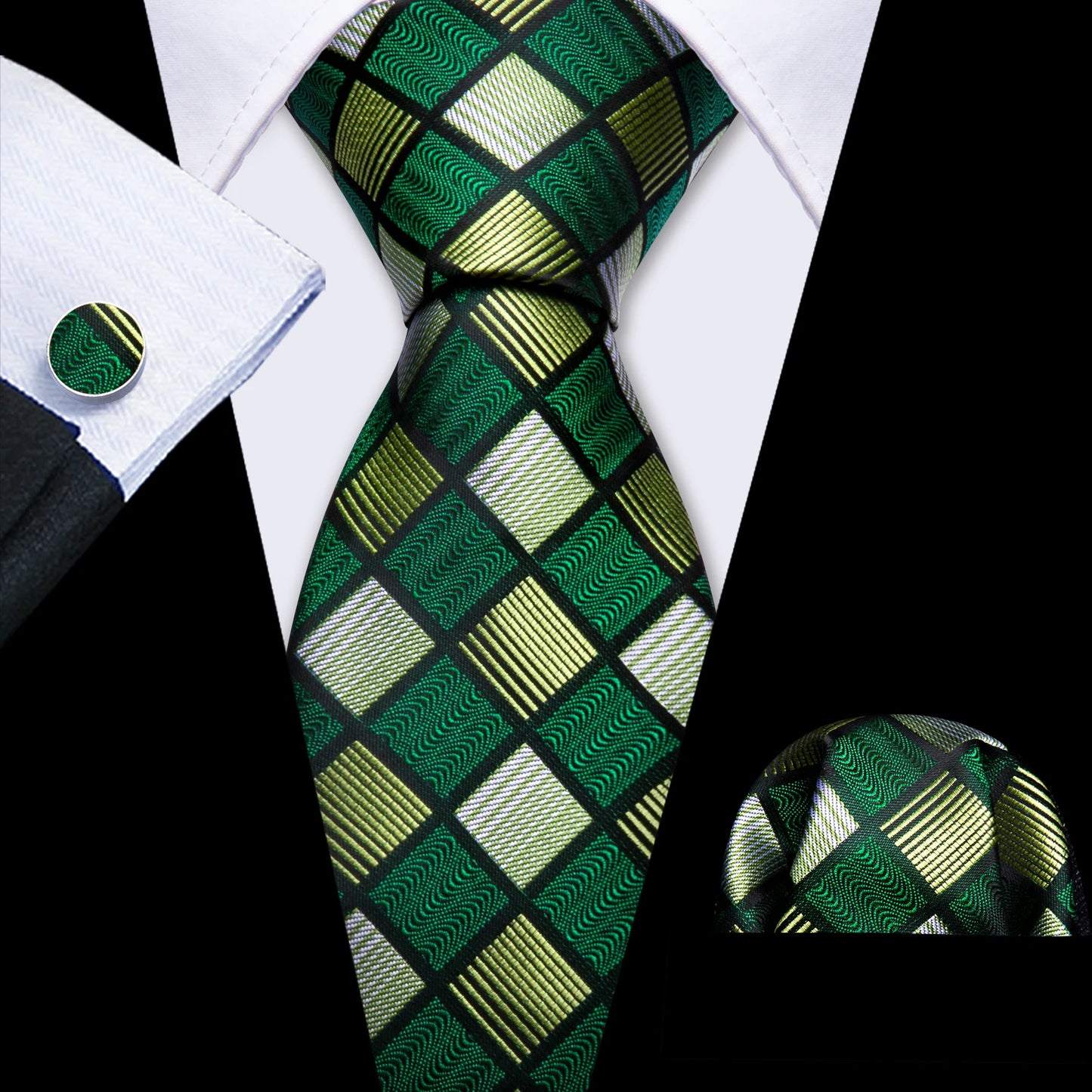 Fashion Silk Men Tie Green Teal Blue Solid Paisley Striped Plaid Floral Animal Necktie Handkerchief Cufflinks Set Barry. Wang
