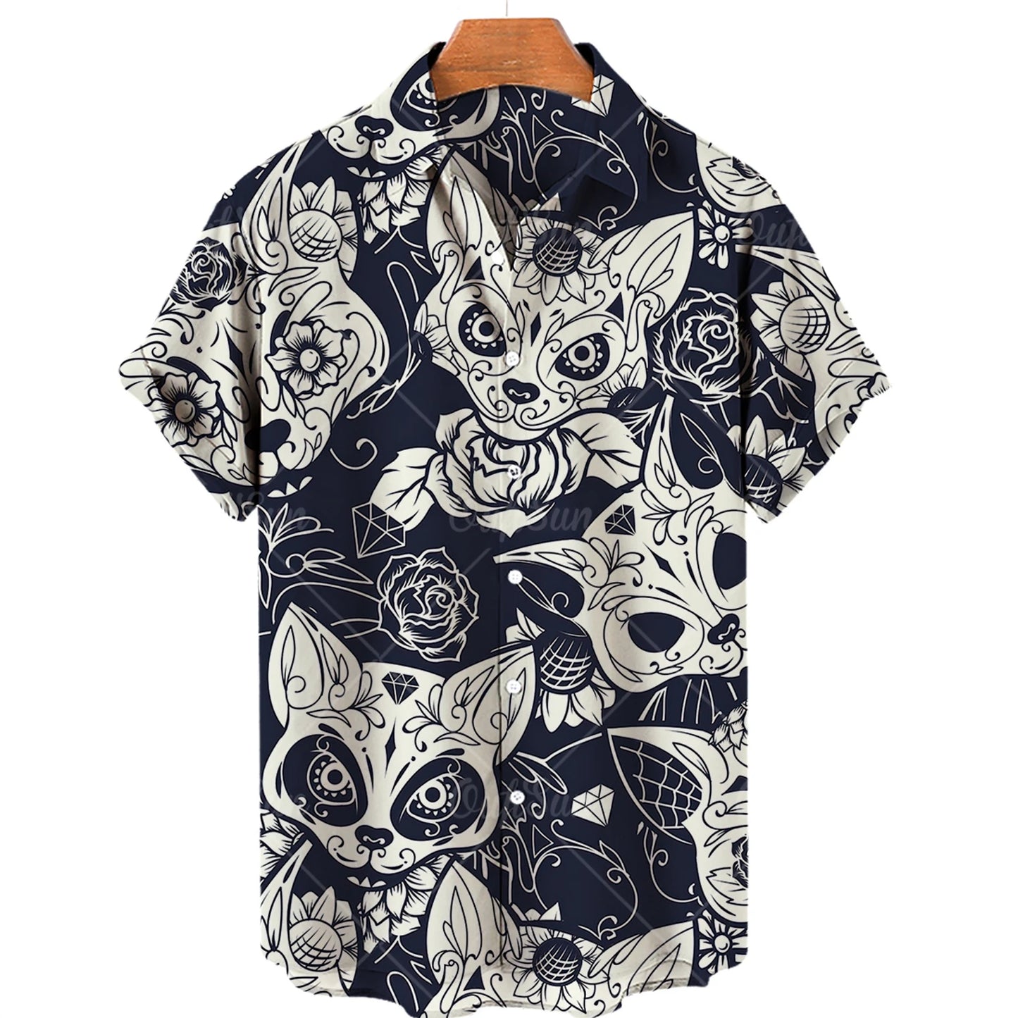 Hawaiian Summer Man Plus Size Shirt Floral 3d Lapel Casual Short Sleeve Anime Cartoon Clothes Street Retro Cat Sale Manga Curta