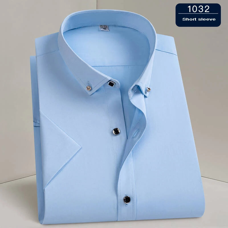 Hot Sale Men's Dress Shirt Formal Thin Business Classic Basic Diamond Button Social White Shirt Short Sleeve Men Clothing