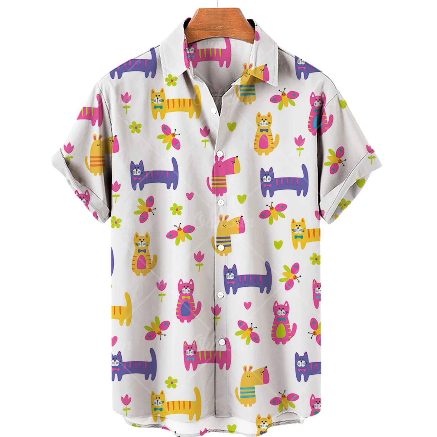 Hawaiian Summer Man Plus Size Shirt Floral 3d Lapel Casual Short Sleeve Anime Cartoon Clothes Street Retro Cat Sale Manga Curta