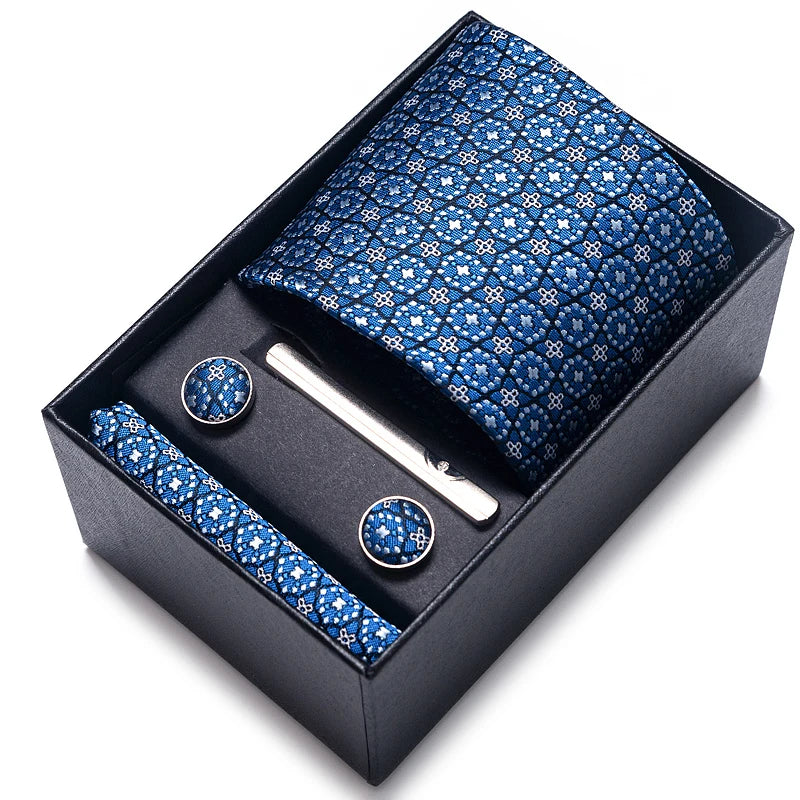 Hot Sale 8 cm Wide Tie Sets Blue Solid Men's Neck Tie Handkerchief Cufflinks Clip Box Wedding Gift Silk Handmade