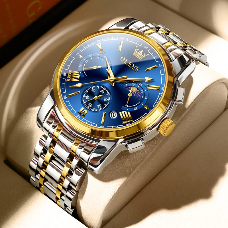OLEVS Men’s Watch – Moon Phase Chronograph Waterproof Quartz Business Watch